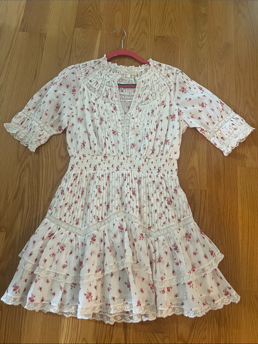 LoveShackFancy White Dress with Red Floral Print